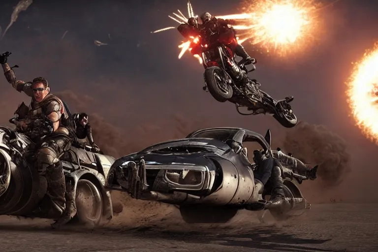 Image similar to mad max riding his interceptor in space, fighting mutants on space bikes, action - scene, very detailed, high octane