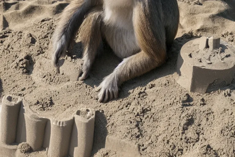 Image similar to a monkey touching a completed sand castle