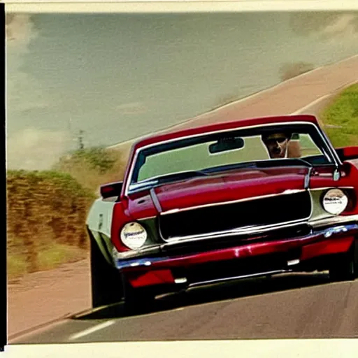 Image similar to coloured photograph of a muscled young white bald guy with broad shoulders, black shirt and a large chest driving a racing red mustang down a british road, high detail, very clear faces