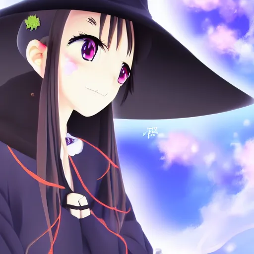 Image similar to anime portrait of an attractive young witch, wearing large wide-brimmer witch hat, detailed anime art, smoke wisps in background, 4k, pixiv