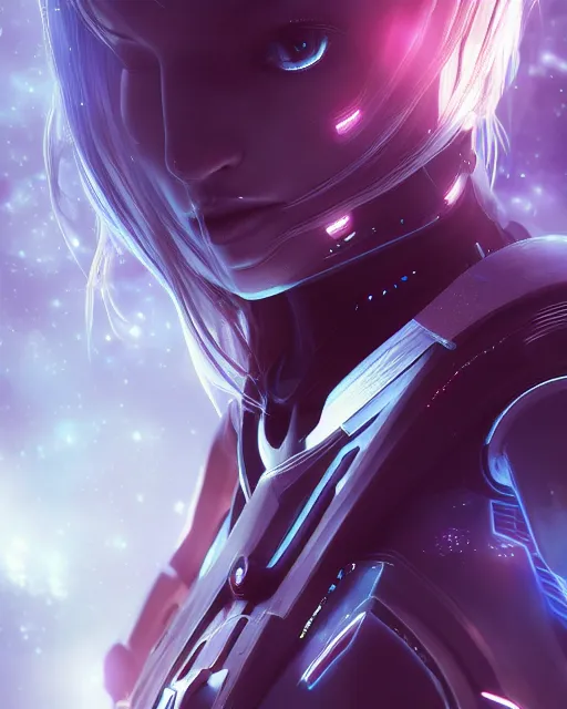 Image similar to perfect android girl on a mothership, warframe armor, beautiful face, scifi, futuristic, galaxy, nebula, raytracing, dreamy, long white hair, blue cyborg eyes, sharp focus, cinematic lighting, highly detailed, artstation, divine, by gauthier leblanc, kazuya takahashi, huifeng huang