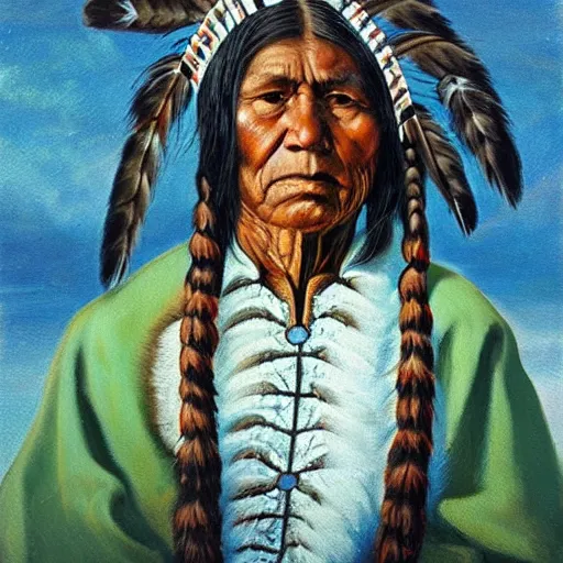 Prompt: the last native american oil painting