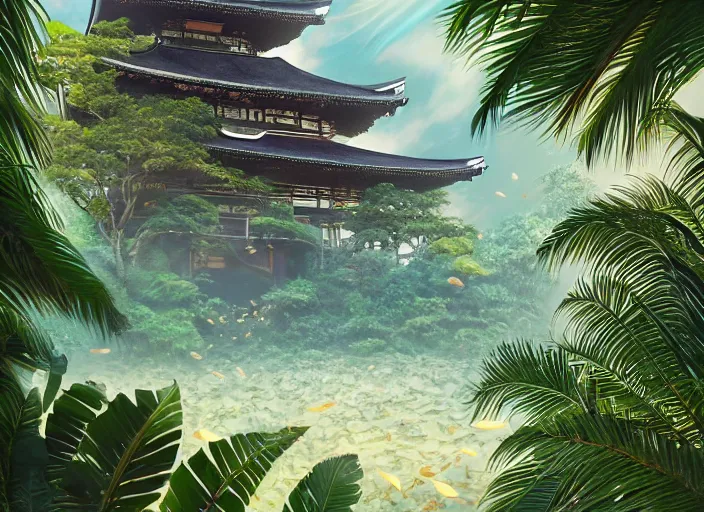 Image similar to overgrown tropical foliage overtaking many tall ornate japanese buildings, underwater environment, borealis, scenery, professional, award - winning, trending on artstation, hyper detailed, realistic, beautiful, emotional, shiny, golden, picture