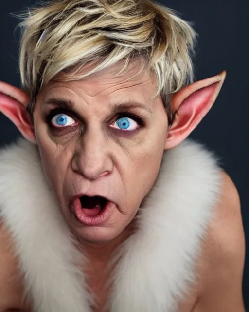 Image similar to headshot of an angry ellen degeneres as a goat person, she looks like a demonic mythological satyr, her eyes look like goat eyes with black horizontal pupils, she has long goat like ears, and goat horns on her head, her skin is covered in goat fur, 8 k, photo shoot, 9 inch kershaw soft focus lens f / 5. 6 bokeh