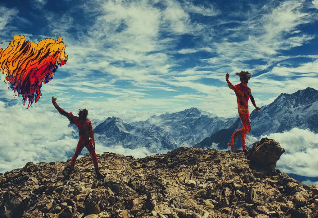 Image similar to psychedelic man on top of a mountain