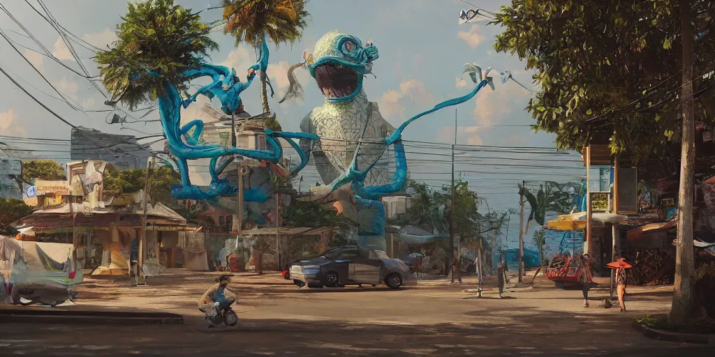 Prompt: a bangkok seaside street view with a giant weird creaturesimon stalenhag, highly detailed, digital art, realistic, trending on artstation, 4 k