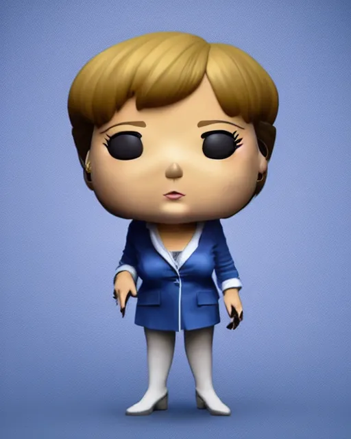 Image similar to full body 3d render of angela merkel as a funko pop, studio lighting, white background, blender, trending on artstation, 8k, highly detailed