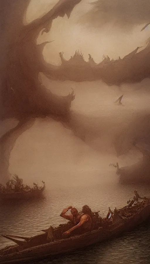 Image similar to man on boat crossing a body of water in hell with creatures in the water, sea of souls, by john howe