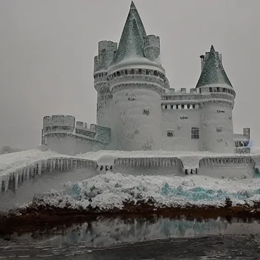 Image similar to A castle made entirely of ice, with snow-capped towers and a frozen moat