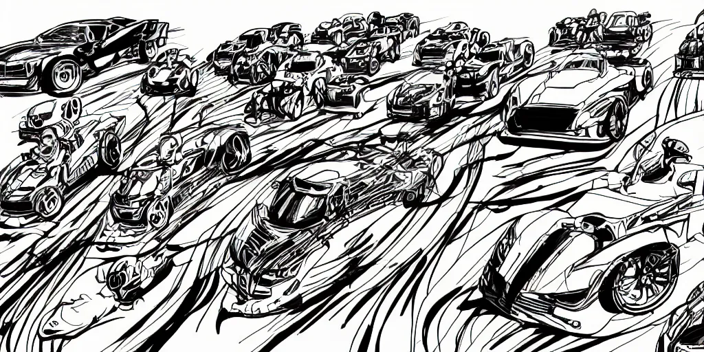 Prompt: ink lineart drawing of a car race, chinese brush pen illustration, cartoon style, anime, deep black tones, coloring book, contour