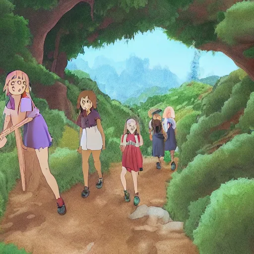 Image similar to Group of girls exploring a valley in Ghibli Studio style