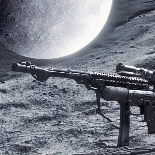 Prompt: one hundred rifles aimed at the moon, 4 k wallpaper, advanced lighting technology, hyperrealistic, intense, cinematic, film still
