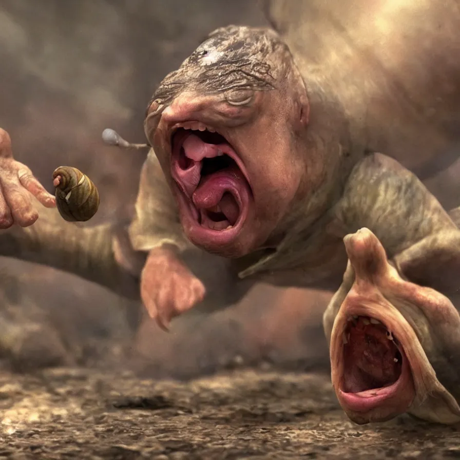 Image similar to an angry man shouting at a snail, photo realistic, photo, full of colour, cinematic lighting, 4 k, hyperrealistic, extreme details, cinematic, masterpiece