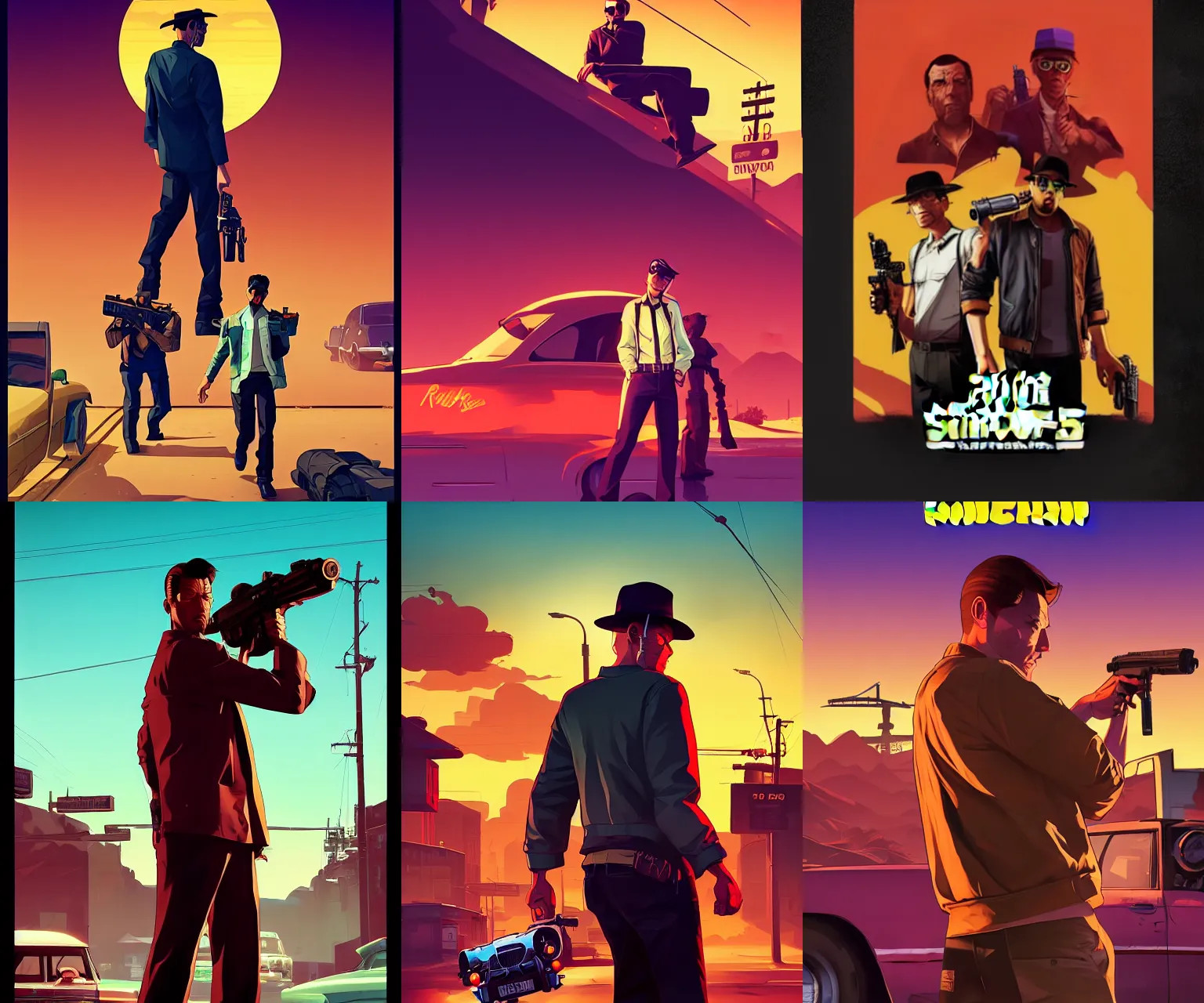 Prompt: poster for a film - noir movie, no text, gta san andreas cover art, borderlands style, celshading, trending on artstation, by rhads, andreas rocha, rossdraws, makoto shinkai, laurie greasley, lois van baarle, ilya kuvshinov and greg rutkowski