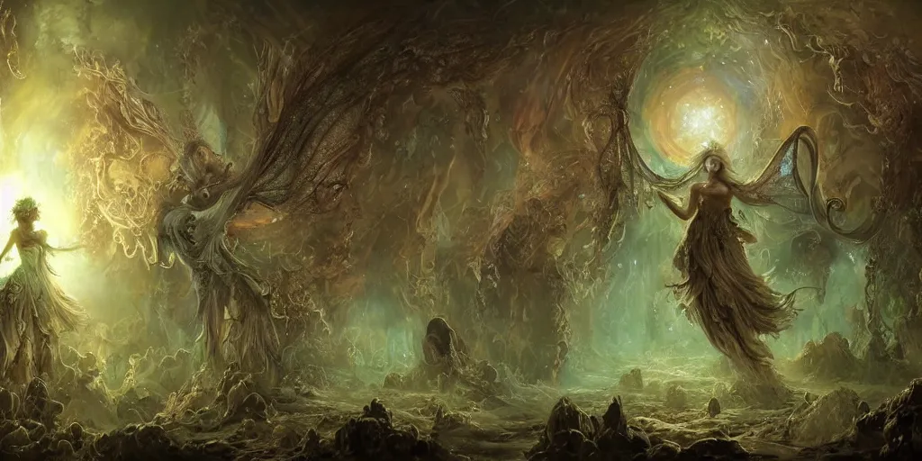 Image similar to concept art of translucent glowing fairies dancing, lovecraftian, renaissance, melting, round moon, rich clouds, fighting the horrors of the unknown, very detailed, volumetric light, mist, fine art, decaying, textured oil over canvas, epic fantasy art, very colorful, ornate intricate scales