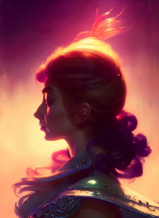 Image similar to side portrait, imogen poots, paladin, fantasy, gloomhaven, luminescent, organic painting, gaudy colors, octane render, by greg manchess, huang guangjian, gil elvgren, sachin teng, greg rutkowski, jesper ejsing, ilya kuvshinov