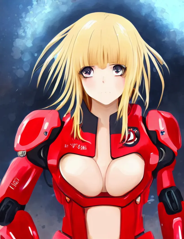 Prompt: an anime portrait of a blonde girl in a red mech suit, trending on artstation, digital art, 4 k resolution, detailed, high quality, sharp focus, hq artwork, coherent, insane detail