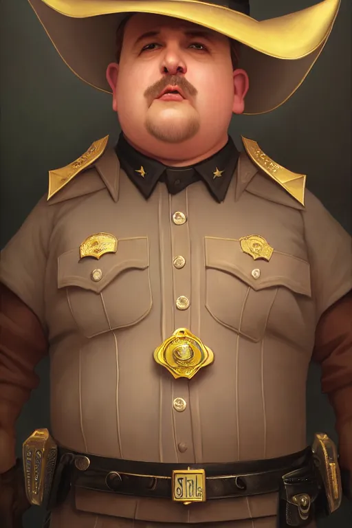 Prompt: a shifty fat high elf mall cop with a sheriff's badge with very pointy ears, Oil Painting, hyperrealistic, octane render, Detailed Digital Art, RPG portrait, 3/4 bust, William-Adolphe Bouguereau, Michael Cheval, dynamic lighting, Highly Detailed, Cinematic Lighting, 8k, HD