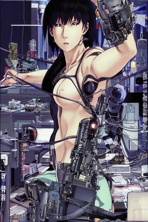 Prompt: hyperdetailed cyberpunk anime illustration of motoko kusanagi in lab getting repaired, by masamune shirow and katsuhiro otomo