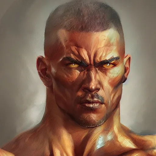 Image similar to A head-on detailed oil portrait of muscular martial artist by greg rutkowski and artgerm, trending on artstation, dungeons and dragons art