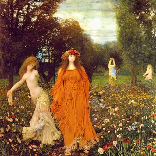 Prompt: preraphaelite 6 0 s hippies dancing in a mushroom flower forest, ritual summoning demon, bonfire, billowing smoke, flowing forms, ultra wide angle, beautiful sky, highly detailed, william morris ford madox brown william powell frith frederic leighton john william waterhouse hildebrandt