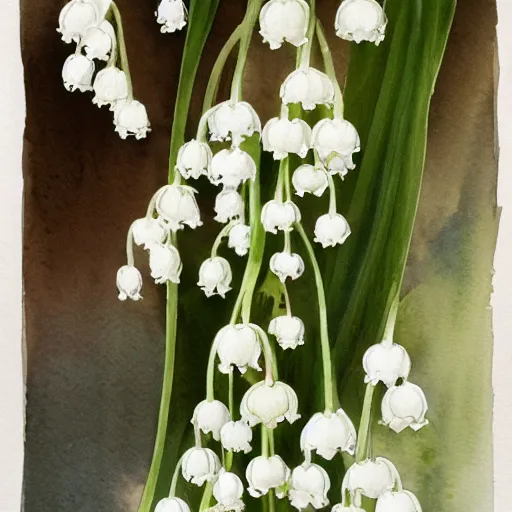 Image similar to a beautifull intricate watercolor painting of lily of the valley, reflexions, verry high details by william turner art, greg rutkowski and alphonse mucha, trending on artstation, very very detailed, masterpiece, - h 7 0 4