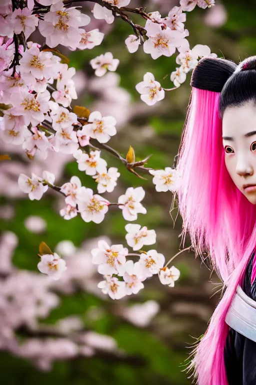 Image similar to highly detailed beautiful photo of a young female samurai, practising sword stances in front of a cherry blossom tree, symmetrical face, beautiful eyes, pink hair, realistic anime art style, 8 k, award winning photo, pastels colours, action photography, 1 / 1 2 5 shutter speed, sunrise lighting