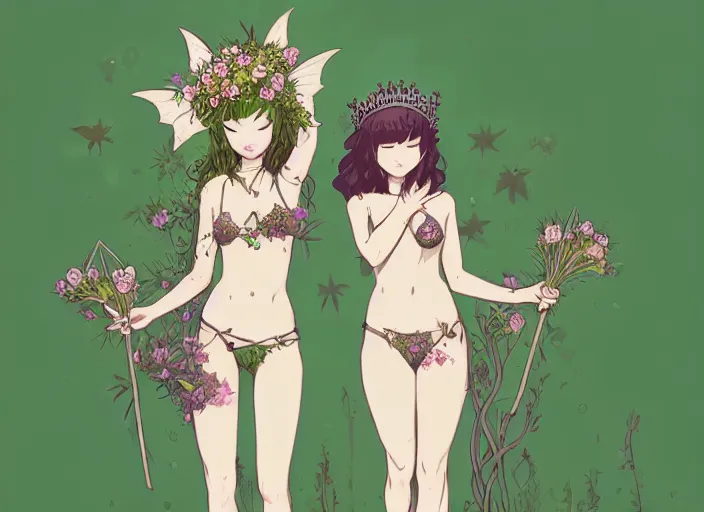 Image similar to two cute fairy girls with crown of flowers in plants bikini covered with celtic rune tattoos, fantasy, by atey ghailan, by greg rutkowski, by greg tocchini, by james gilleard, by joe gb fenton, by in kaethe butcher, dynamic lighting, gradient light green, brown, blonde cream and white color in scheme, grunge aesthetic