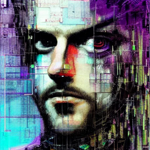 Prompt: hyperrealistic portrait of a cyberpunk character, adult man, long hair, glitch eyes, by Guy Denning, Johannes Itten, Derek Gores, Russ Mills, glitch art, smooth lines, fine detail, polished, complex, hacking effects, holographic, digital tech effects, blue and violet, color blocking!, realistic, acrylic on canvas, concept art, abstract!, symmetrical, 8k, concept art, octane, photorealistic, cgsociety, trending on artstation