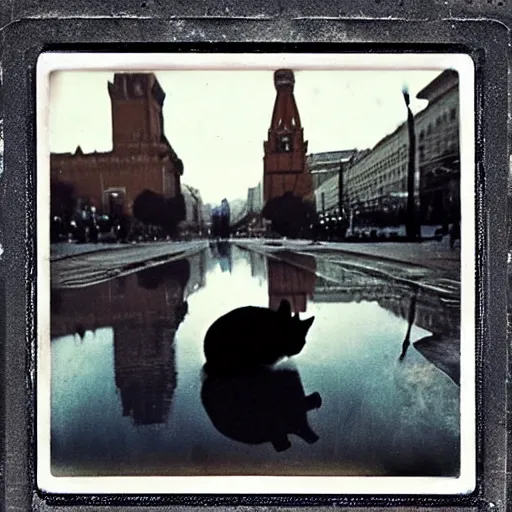 Image similar to wide-shot very low-angle eyesight reflection of a cat in the puddle at the street in Moscow, polaroid photo, by Andy Warhol, signed