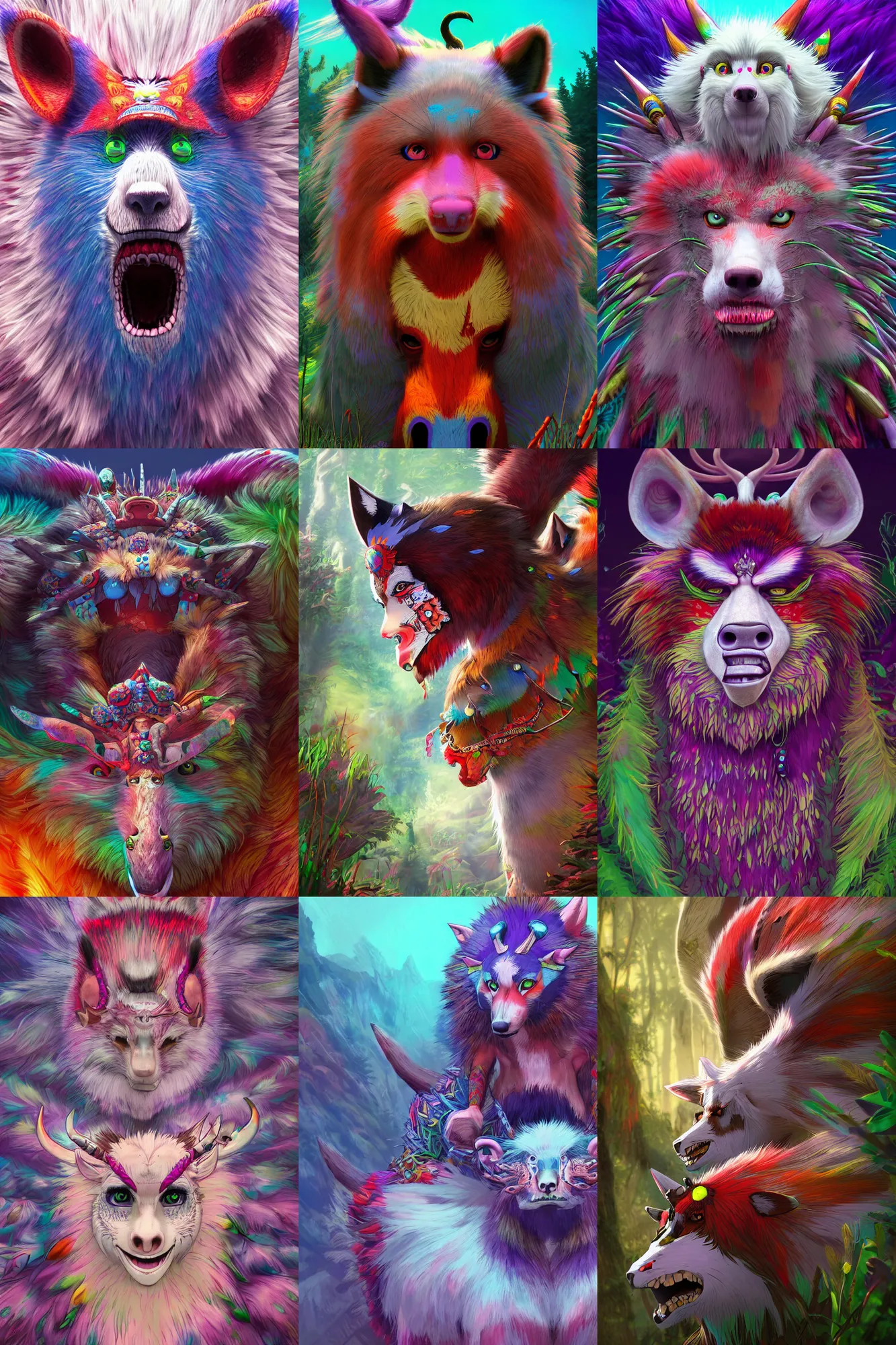 Prompt: a colorful vibrant 3 d render game graphics unreal engine of princess mononoke, intricately detailed, detailed fur, tribal psychedelic, colorful flat surreal design, hd, 8 k, artstation