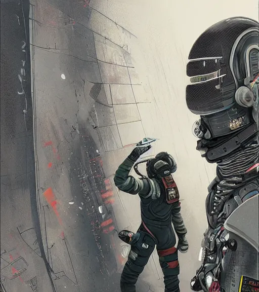 Image similar to realistic cyberpunk japanese engineer with long limbs and a black spacesuit welding a wall, techwear, dead space, visible face, Industrial Scifi, detailed illustration, character portrait, by Martin Grip and Moebius