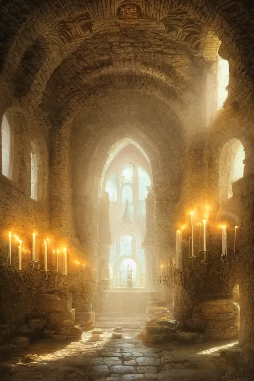 Prompt: Detailed Interior of Monastery Ruins, summer spring pollen, light of god, light shafts, candles, stunning atmosphere, in Style of Peter Mohrbacher, cinematic lighting