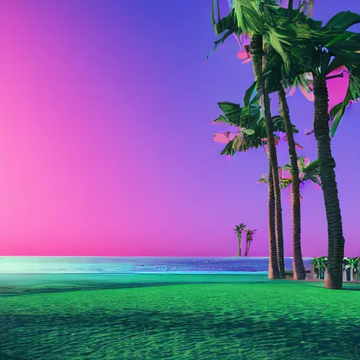 Image similar to palm trees on the beach, green and pink light, octane render, trending on artstation, artstationHD, artstationHQ, unreal engine, 4k, 8k