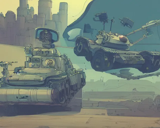 Image similar to a study of cell shaded cartoon tank with apole with dozens of cameras on it, driving on a desert road, road, illustration, wide shot, subtle colors, post grunge, concept art by josan gonzales and wlop, by james jean, victo ngai, highly detailed, sharp focus, trending on artstation, hq, deviantart, art by artgem