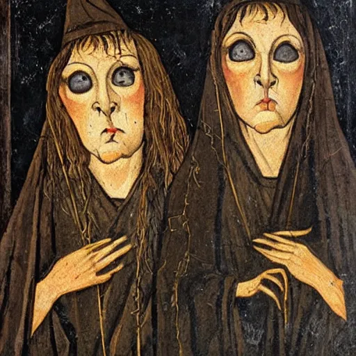 Image similar to witches with haunting eyes, medieval painting