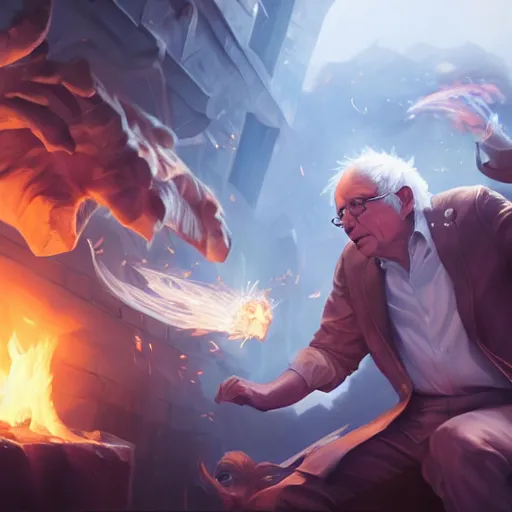 Image similar to portrait of bernie sanders burning money, league of legends amazing splashscreen artwork, splash art, natural light, elegant, photorealistic facial features, intricate, fantasy, detailed face, atmospheric lighting, anamorphic lens flare, cinematic lighting, league of legends splash art, hd wallpaper, ultra high details by greg rutkowski