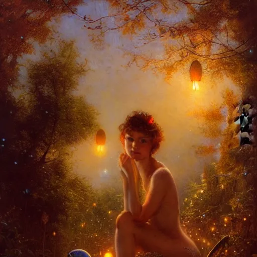 Image similar to attractive, fairy, in the night, fantasy, crescent moon in background, luminous, toadstools, fireflies, fantasy, highly detailed painting by gaston bussiere, craig mullins, j. c. leyendecker, mid shot, 8 k realistic, sharp focus