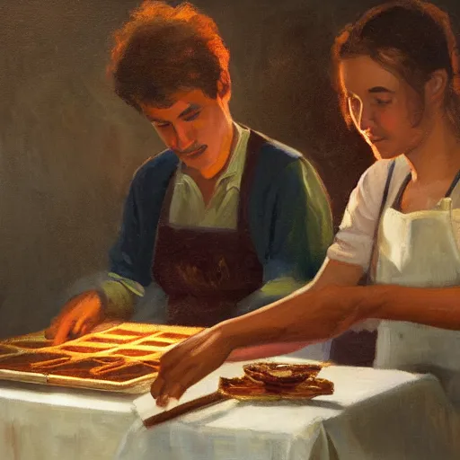 Image similar to oil painting of one young man and one young woman baking waffles in romantic light