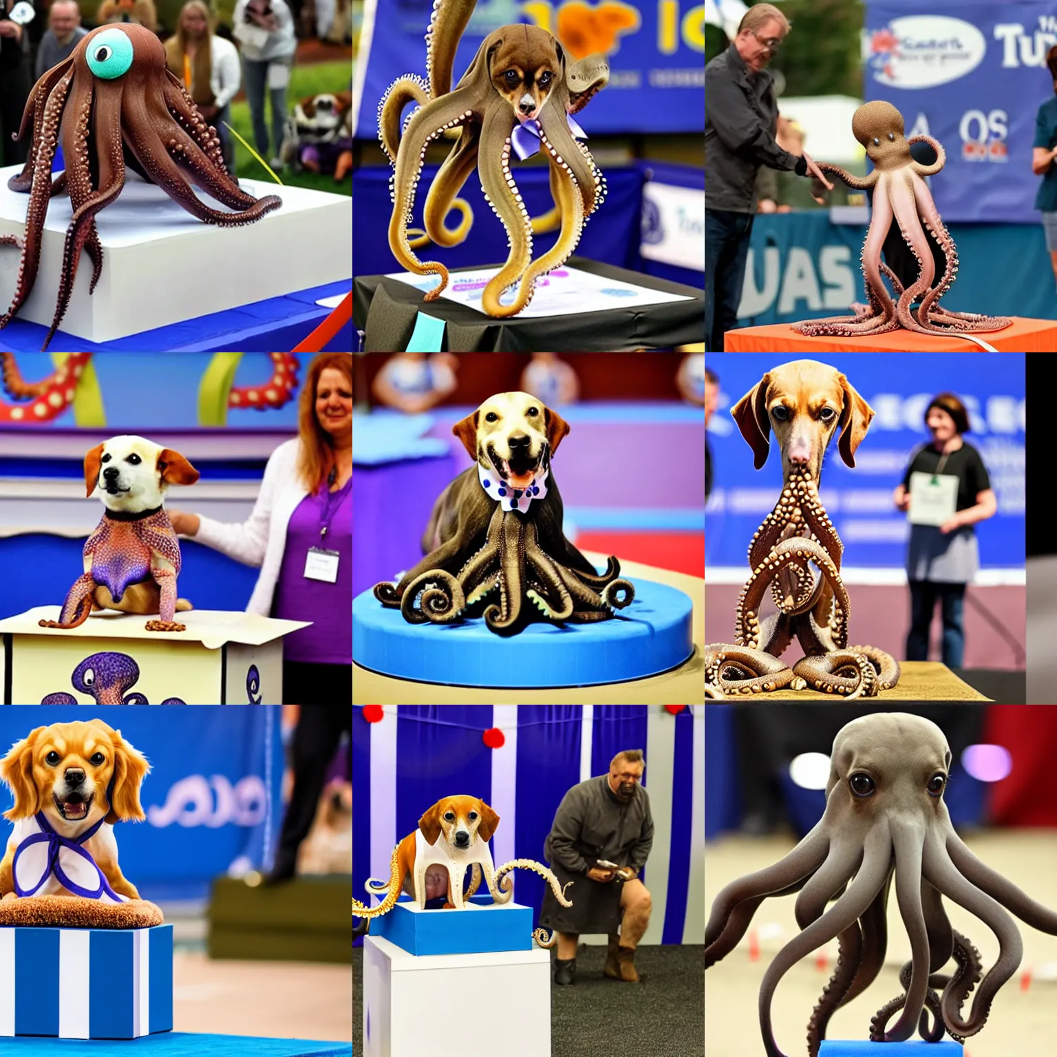 Prompt: octopus wins first place in a dog show, octopus on podium, octopus wearing a blue ribbon