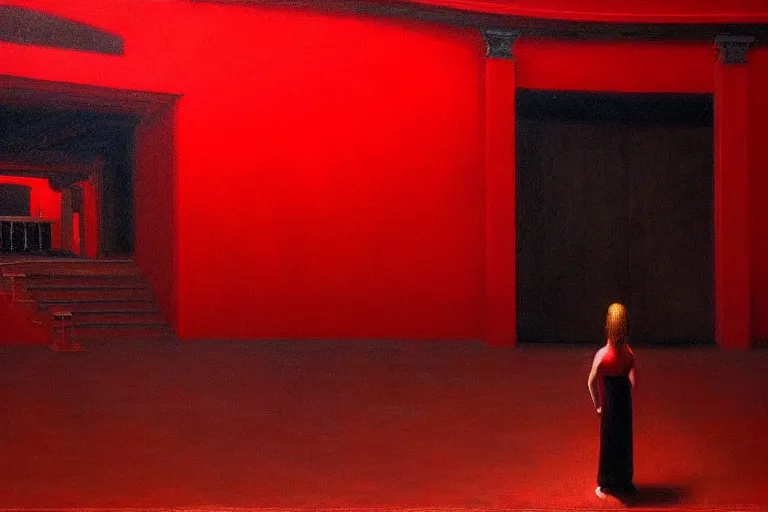 Image similar to only with red, crowd screaming, an exposed painting in a roman theater, in the style of beksinski, parts by edward hopper, parts by rodcenko, parts by yue minjun, intricate and epic composition, red by caravaggio, insanely quality, highly detailed, masterpiece, red light, artstation, 4 k