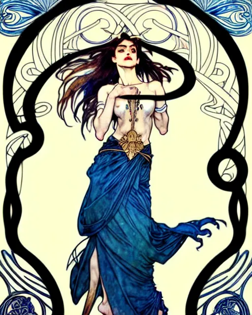 Image similar to in the style of artgerm, arthur rackham, alphonse mucha, phoebe tonkin, symmetrical eyes, symmetrical face, flowing blue skirt, full entire body, hair blowing, intricate filagree, hidden hands, warm colors, cool offset colors