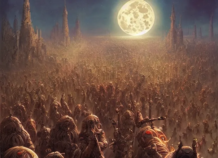 Prompt: beautiful as the moon, terrible as an army with banners. art by james c. christensen and marc simonetti