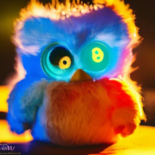 Prompt: a cute colorful furby, photography, golden hour, bokeh, colorful, saturated, cinematic lighting, volumetric light