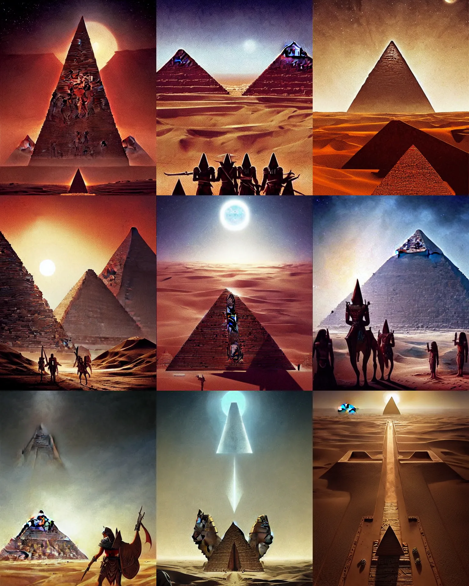 Prompt: egypt piramids on horizon, fantasy dnd art, evil fluid, desert, by greg rutkowski, in style of movie stargate 1 9 9 4