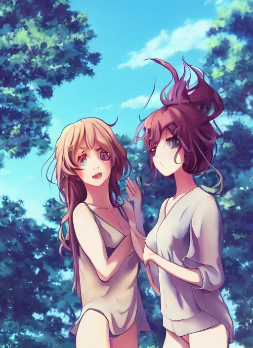 Image similar to two beautiful women under a blue sky, casual summer clothes, gorgeous faces, thick lines, cinematic lighting, detailed anime art