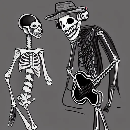 Image similar to skeleton wearing headphones watching girl playing guitar with her black cat standing next to her, digital art