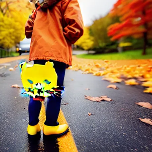 Prompt: anthropomorphic cute kitten wearing a yellow raincoat and yellow boots and red backpack standing next to a schoolbus on the first day of kindergarten, with colorful fall leaves and light rain, critical moment photograph