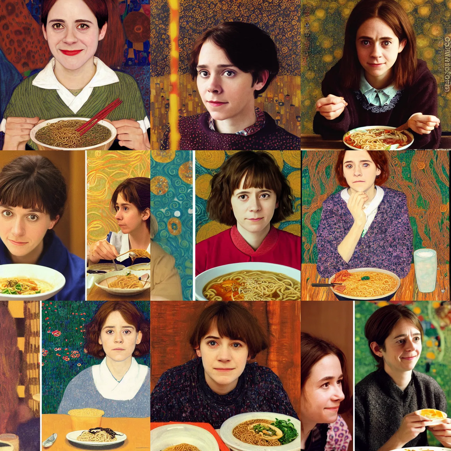 Prompt: a portrait of young female Asa Butterfield mixed with Pam beesly, kind, content, slight smile, eating ramen in a restaurant by gustav klimt