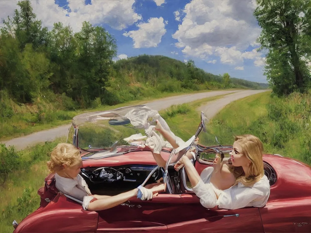 Prompt: 1950 blonde driving a mustang on a country road, Swedish countryside, painting by Vladimir Volegov, masterpiece